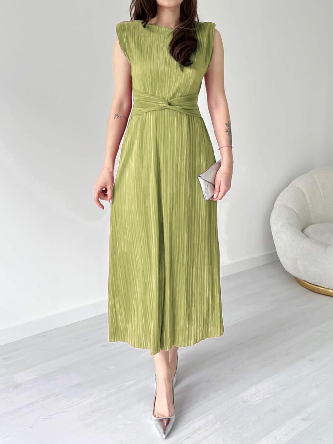 Vacation Cocktail Pleated Maxi Dress Shoulder Pad Crewneck Sleeveless Front Twisted Elegant A-Line Dress – Bild 4