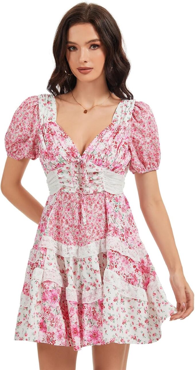 hibshaby Women's Floral Patchwork Dress V Neck Lace Layered Ruffle Flowy Babydoll Dress Puff Sleeve Tiered Mini Sundress – Bild 4