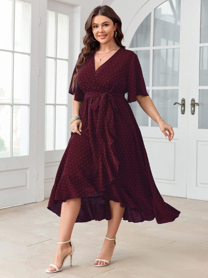 SCOMCHIC Women's Plus Size Summer Dresses Short Sleeve Wrap V Neck Swiss Dot Boho High Low Split Ruffle Maxi Dress – Bild 2