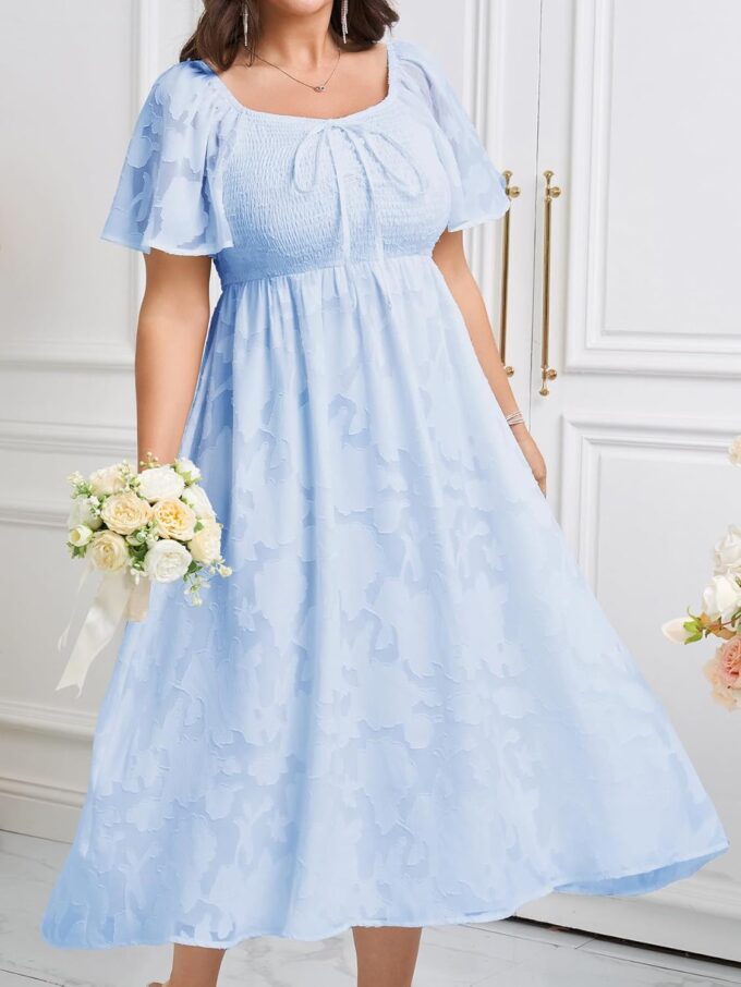 SCOMCHIC Women's Plus Size Formal Dresses Square Neck Short Sleeve Lace Floral Smocked Flowy Long Maxi Wedding Guest Dress – Bild 7