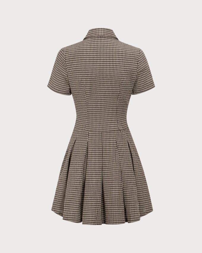 Damen Minikleid mit kurzen Ärmeln, braunes Buttom Up, kariert, Revers, plissiert, Arbeit, Büro, Passform und ausgestelltes Minikleid – Bild 6