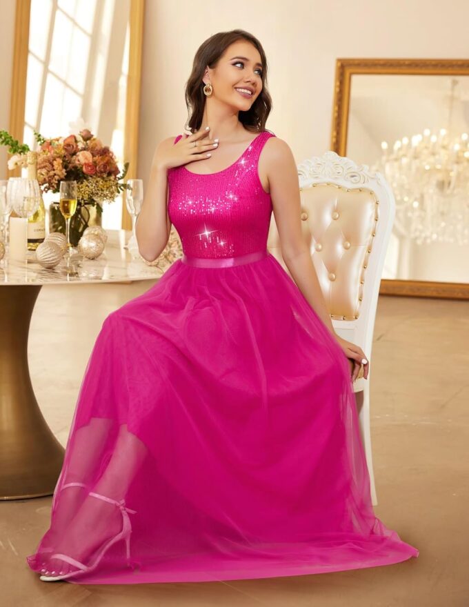 BeryLove Sequin Dress for Woman Vintage A Line Wedding Formal Swing Mesh Dress Sleeveless Cocktail Maxi Gowns – Bild 5
