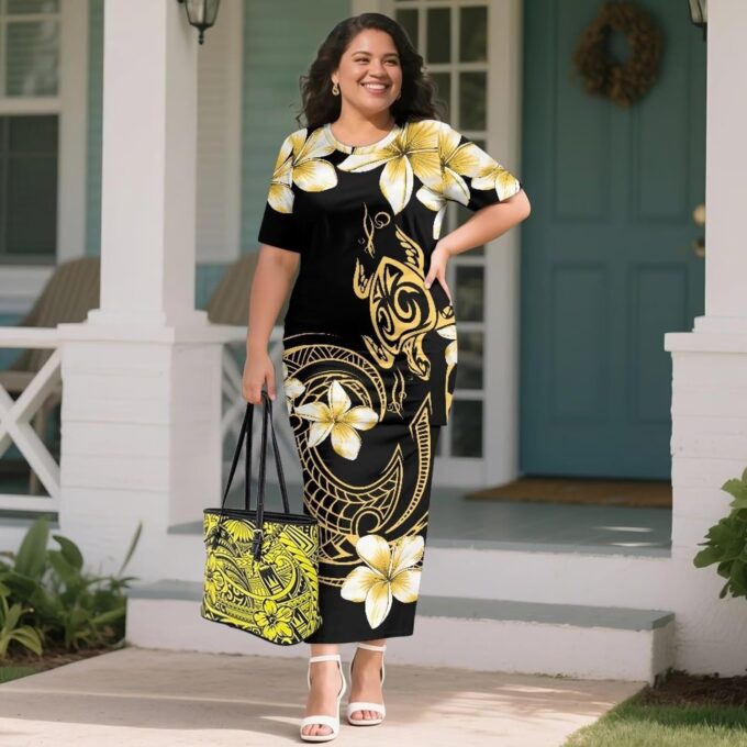 Puletasi Samoan Traditional 2 Piece Outfits for Women Short Sleeve Crop Top and Maxi Skirt Sets Puletasi Dress – Bild 5