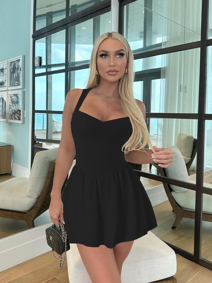 HOCILLE Women's Sexy Sleeveless V Neck Ruffle Hem Tank Dress A Line Ruched Party Mini Dresses – Bild 4