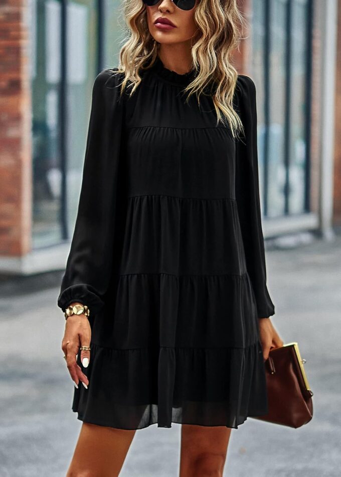 KIRUNDO Long Sleeve Baby Doll Dresses Women 2025 Casual Summer Fall Ruffle Mock Neck Tiered Mini Flowy Swing Shift Dress – Bild 6