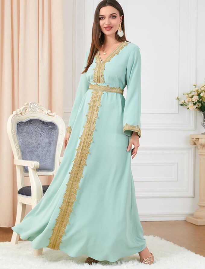 FYMNSI Women Muslim Abaya Dress Islamic Dubai Modest Lace Belted Dress Abayas Kaftan Eid Prayer Clothes Arabian Maxi Robe – Bild 2