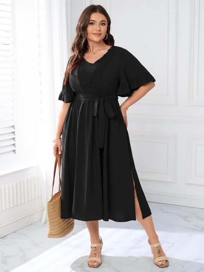 SCOMCHIC Women's Plus Size Wedding Guest Dress Smocked V Neck Short Ruffle Sleeve Split Flowy Summer Cocktail Dresses – Bild 2
