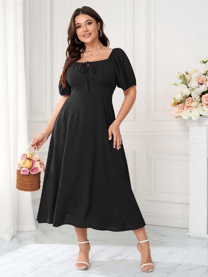 Women's Plus Size Summer Dress Short Sleeve Square Neck Milkmaid Dress Tie Front Split A-Line Maxi Long Dresses – Bild 2
