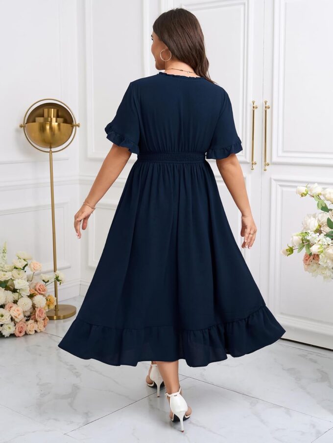 Women Plus Size V Neck Maxi Dress Short Sleeve Smocked Waist Ruffle Hem Flowy Summer Formal Wedding Guest Dresses – Bild 5