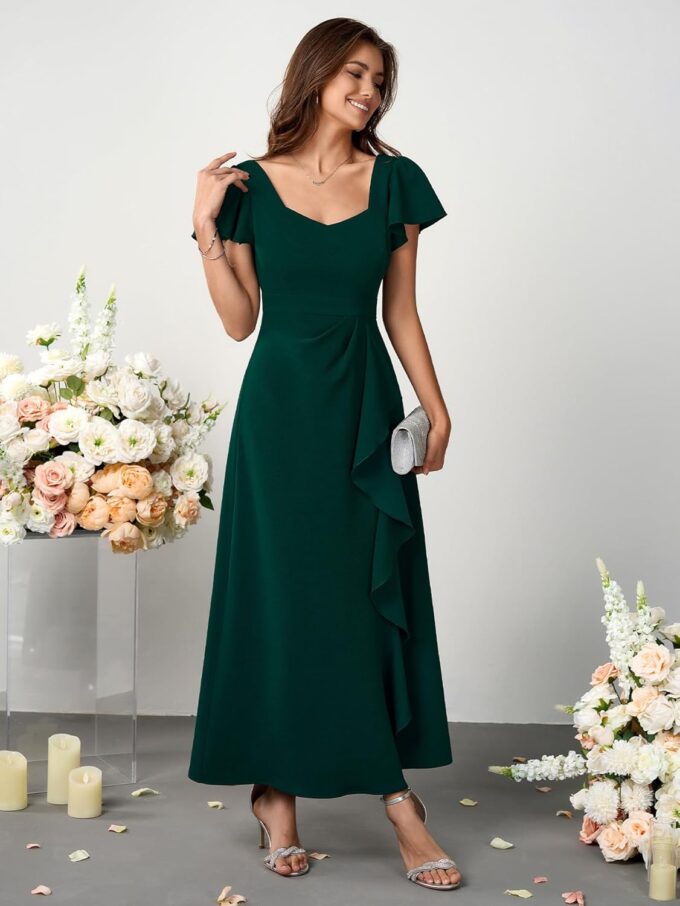 Womens Long Formal Cocktail Dresses Square Neck Split Elegant Evening Party Gowns Ruffle Wedding Guest Dress – Bild 3