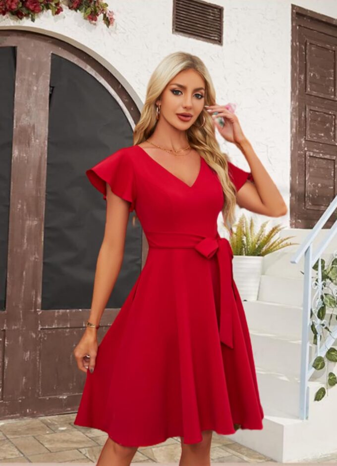 StarAneer Elegantes A-Linien-Kleid für Damen, Rüschenärmel, lässig, Cocktail-Partykleid mit Taschen – Bild 4