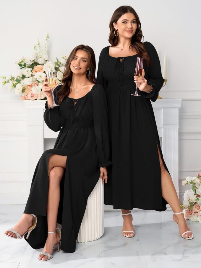 Women's Plus Size Dress Long Sleeve Smocked Dress Square Neck Tie Front Split A-Line Maxi Long Dresses – Bild 7