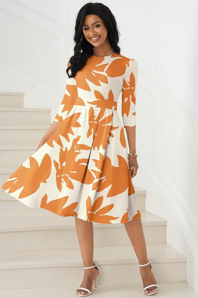 Runwind Vintage Dress for Women 3/4 Sleeve A-Line Church Dress Floral Wedding Guest Cocktail Dresses with Pockets – Bild 6