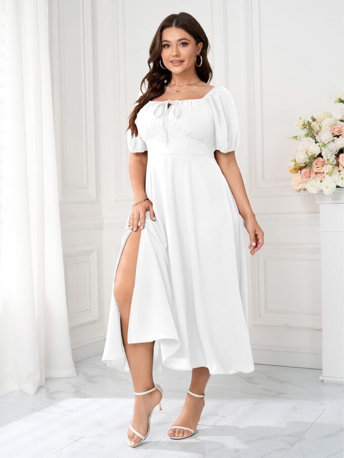 Women's Plus Size Summer Dress Short Sleeve Square Neck Milkmaid Dress Tie Front Split A-Line Maxi Long Dresses – Bild 5