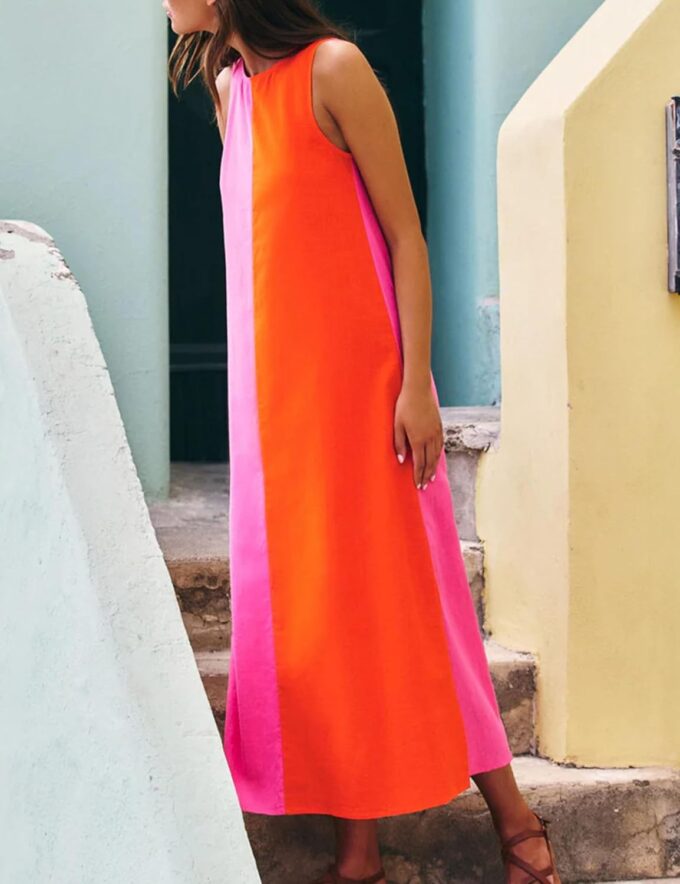 Zontroldy Summer Casual Dress for Women Long Sleeveless Crewneck Dresses Color Block Side Slit Beach Vacation Dress – Bild 3