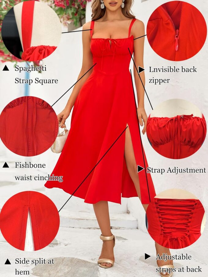 Bustier Corset Dress for Women 2024 Summer Casual with Slit Spaghetti Strap Formal Midi Flowy Dresses – Bild 6