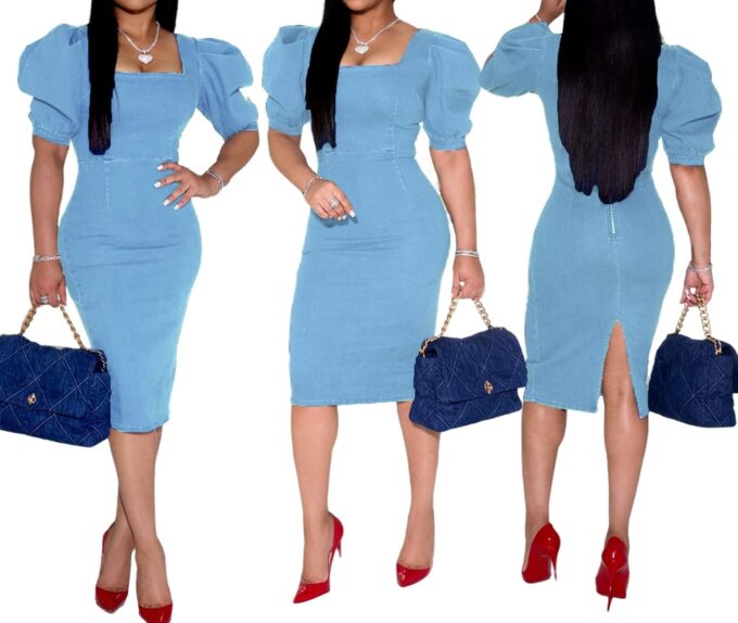 SeNight Women Denim Dresses Elegant Sexy Short Sleeve Jean Party Dress – Bild 4