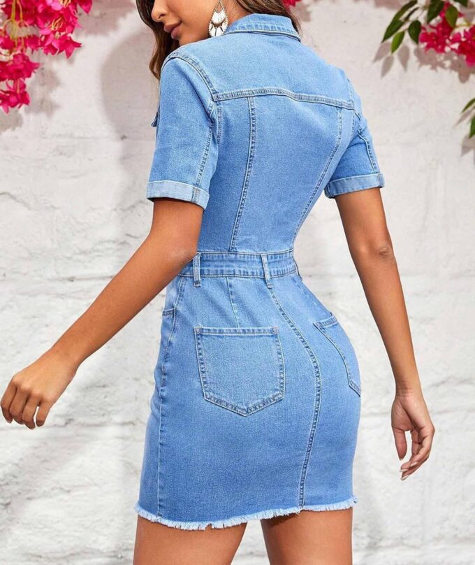 ECDAHICC Women's Summer Denim Dresses Casual Short Sleeve Bodycon 1/2 Button Placket Mini Denim Pencil Dress – Bild 5