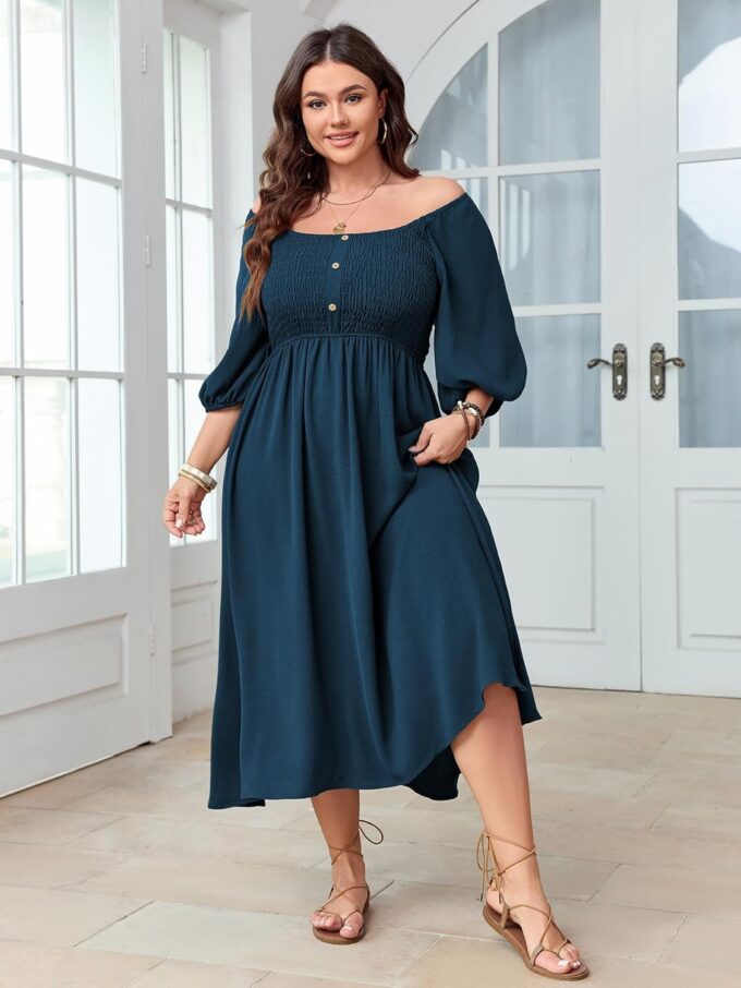 Women's Plus Size Casual Dresses Square Neck Button Up Smocked 3/4 Puff Sleeve Empire Wasit A-line Flowy Midi Dress – Bild 3