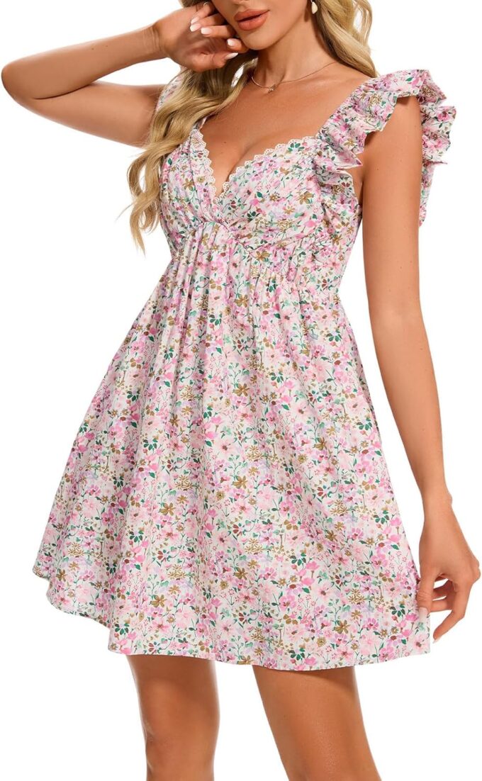 hibshaby Women's Floral Mini Dress V Neck Puff Sleeve Dress Short Babydoll Dress Sun Dress – Bild 2