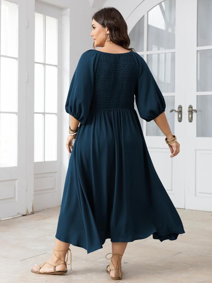 Women's Plus Size Casual Dresses Square Neck Button Up Smocked 3/4 Puff Sleeve Empire Wasit A-line Flowy Midi Dress – Bild 4