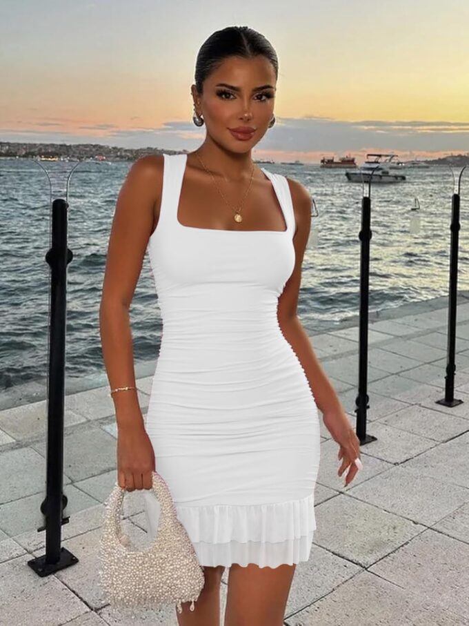 LCNBA Women's Sexy Square Neck Ruffle Hem Mini Dress Ruched Bodycon Sleeveless Short Party Dress – Bild 4