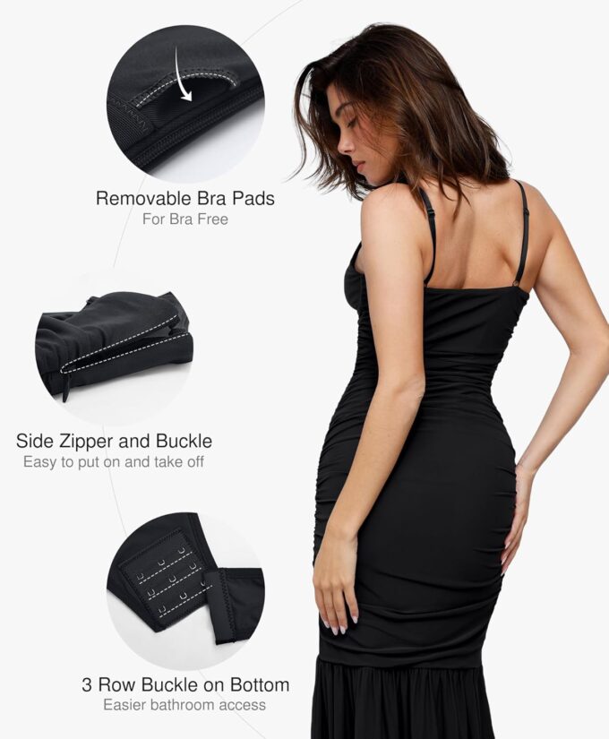 Popilush Corset Dress Built in Shapewear Bodycon Cocktail Dresses for Women Wedding Guest Deep V Neck Mesh Ruched Maxi Dress – Bild 4