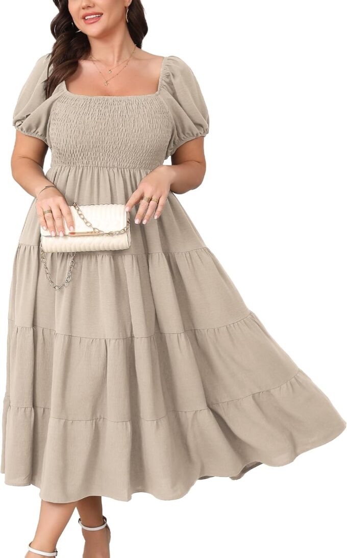 Womens Plus Size Casual Dress Short Puff Sleeve Square Neck Smocked Tiered Summer A Line Flowy Long Maxi Dresses