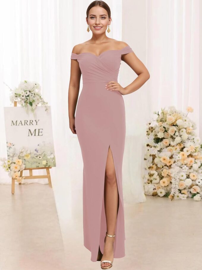 SERYO Off Shoulder Chiffon Bridesmaid Dresses for Women with Slit V Neck Flowy Long Formal Dress – Bild 3