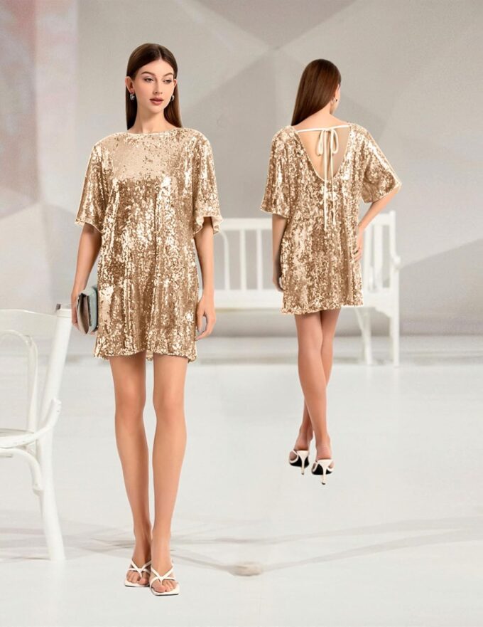 Women's Crew Neck Sequin Dress for Women Sexy V Neck Shirt Dress Sparkly Half Sleeve Loose Party Club Cocktail Dress – Bild 2