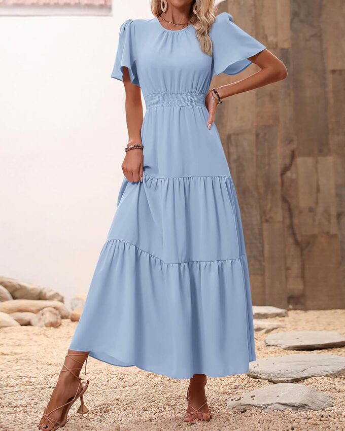 PRETTYGARDEN Women's Summer Casual Short Flutter Sleeve Round Neck Smocked Waist Tiered Boho Floral Flowy Maxi Dress – Bild 6