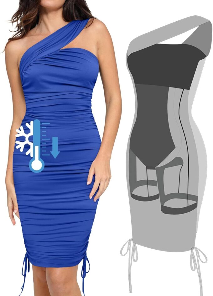 Popilush Shapewear Dress One Shoulder Ruched Dress with Drawstring for Women Summer Dress BlueTag Collection