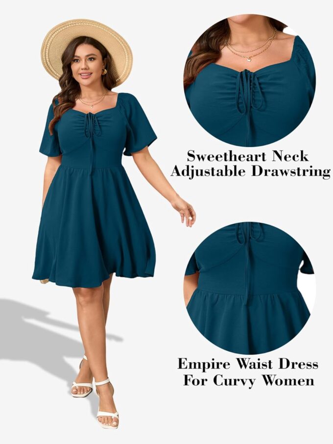 RWJ Women Plus Size Summer Dress Short Sleeve Tie Front Sweetheart Neck Wrap A-Line Casual Mini Wedding Guest Dresses 2025 – Bild 6
