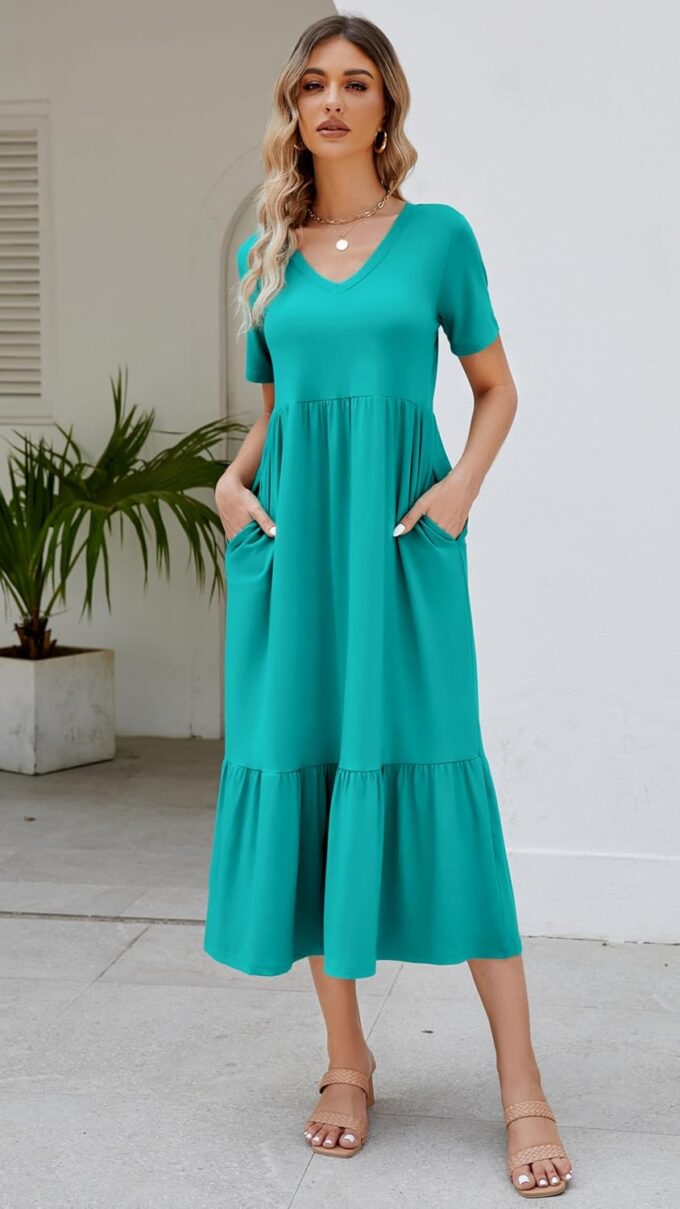Women's 2025 Summer Short Sleeve V Neck Swing Dress Flowy Tiered Maxi Beach Sundress with Pockets – Bild 4