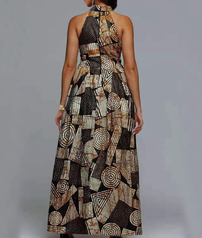 VERWIN Floor Length Lace-Up High Waist Stand Collar Sleeveless Women's Maxi Dress Print Dress Brown – Bild 2