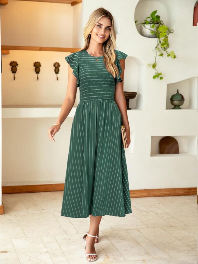 Simplee Womens Striped Midi Summer Dress Smocked Flutter Short Sleeve Dress 2025 Flowy Casual Dress with Pockets – Bild 4