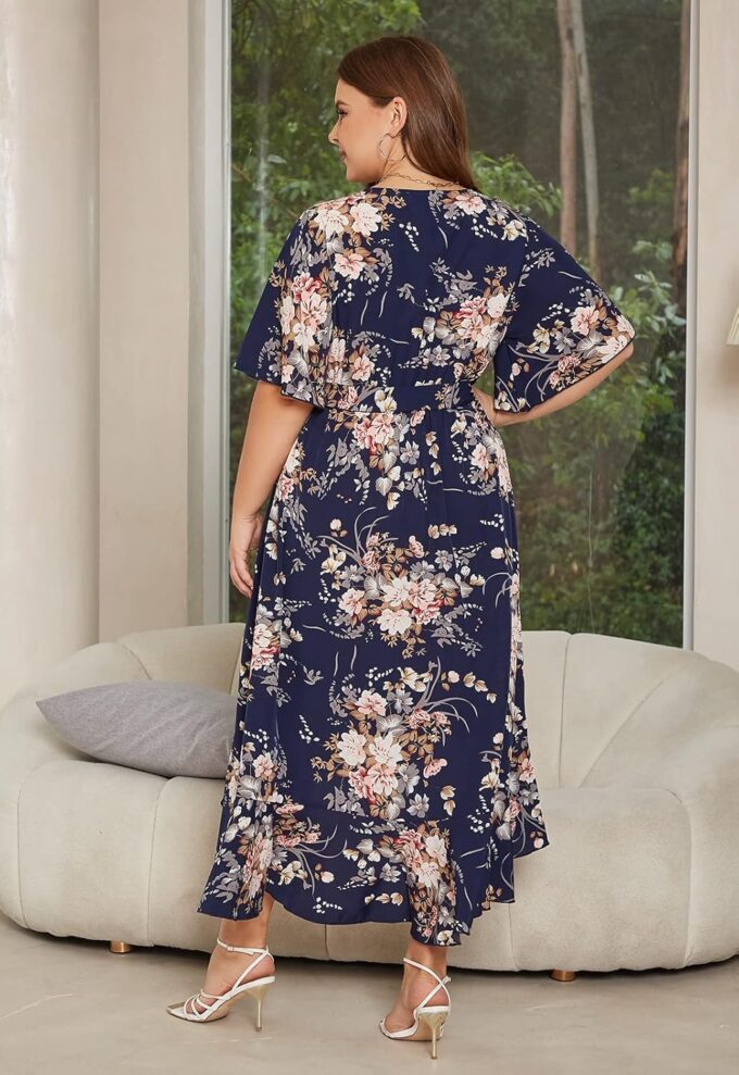 Keluummi Plus Size Summer Wedding Guest Maxi Dress for Curvy Women, V Neck 3/4 Sleeve Empire Waist A Line Floral Long Dress – Bild 4