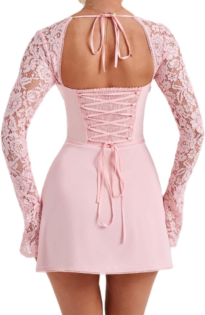 Women Lace Mini Dress Sexy Square Neck Lace Long Sleeves Backless Tie-Up A-Line Short Dresses Cocktail Bodycon Dress – Bild 2