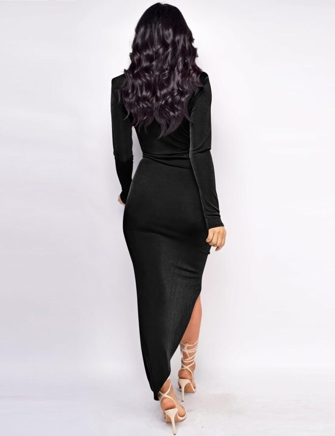 YMDUCH Women's Elegant Deep V Neck Long Sleeve Ruched Bodycon Split Party Maxi Dress – Bild 2