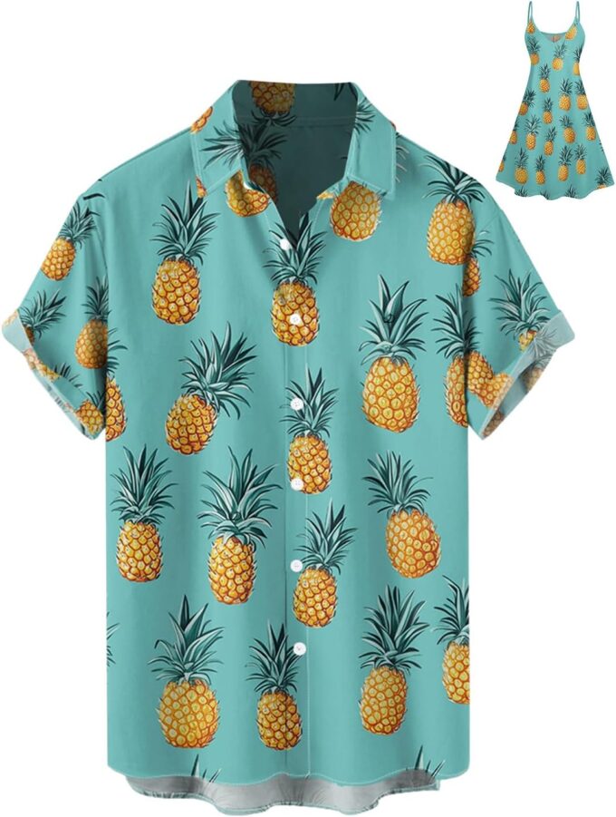 DRESSFO Matchable Couples' Outfit Tiled Pineapple Print Men's Shirt Or Women's Spaghetti Strap Dress