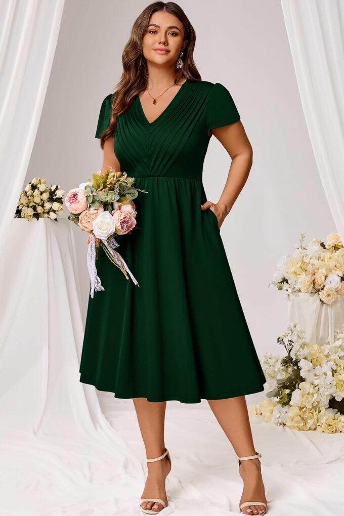 Nmoder Women Plus Size Dress Short Sleeve A-Line Summer Midi Dress Pleated V Neck Church Cocktail Semi Formal Dress – Bild 4