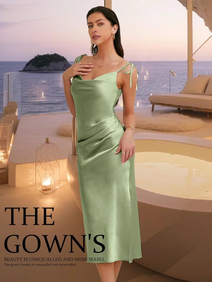 Women's Spaghetti Strap Midi Satin Slik Dress Cowl Neck Elegant Long Slip Ruched Evening Dress Party Cocktail – Bild 2