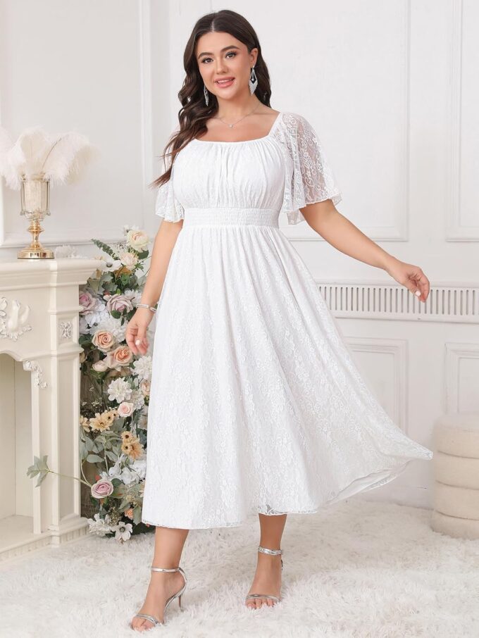 Women's Plus Size Wedding Guest Dress Lace Square Neck Short Sleeve Flowy A Line Formal Maxi Dresses – Bild 6