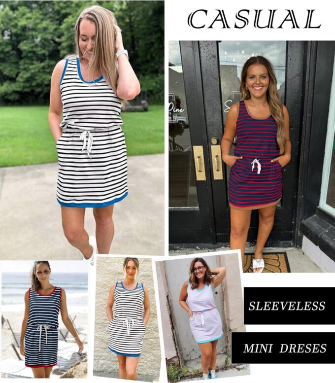 Yousify Cotton Summer Dresses for Women Striped Dress Drawstring Waist Casual Tank Mini Dresses with Pockets – Bild 4