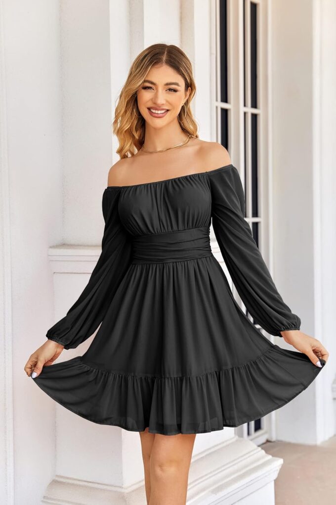Wenrine Women's Mesh Long Sleeve Square Neck Dress High Waist A Line Ruffle Hem Flowy Casual Party Mini Dress – Bild 2