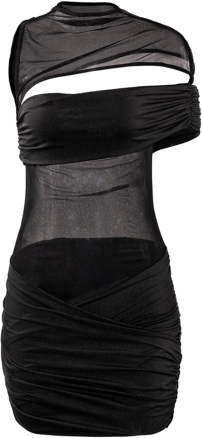 Women Sexy Hollow Out Mesh Mini Dress See Through Double Layer Tight Ruched Night Club Party Dress – Bild 2
