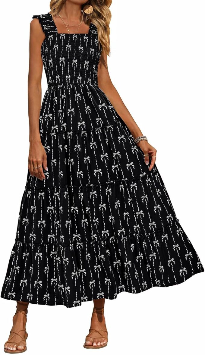 PRETTYGARDEN Women's 2025 Floral Maxi Sundress Smocked Tank Dress Sleeveless Ruffle Summer Tiered Long Dresses