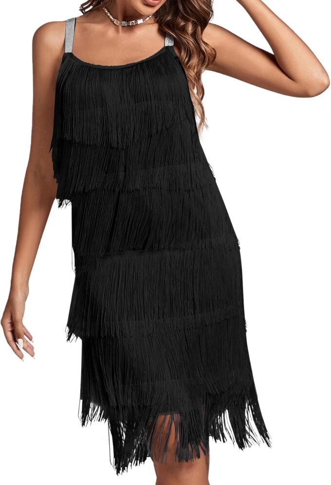 Umenlele Women’s 1920s Flpper Dress Gatsby Sleeveless All Over Tassel Tiered Fringe Cocktail Party Dress – Bild 4