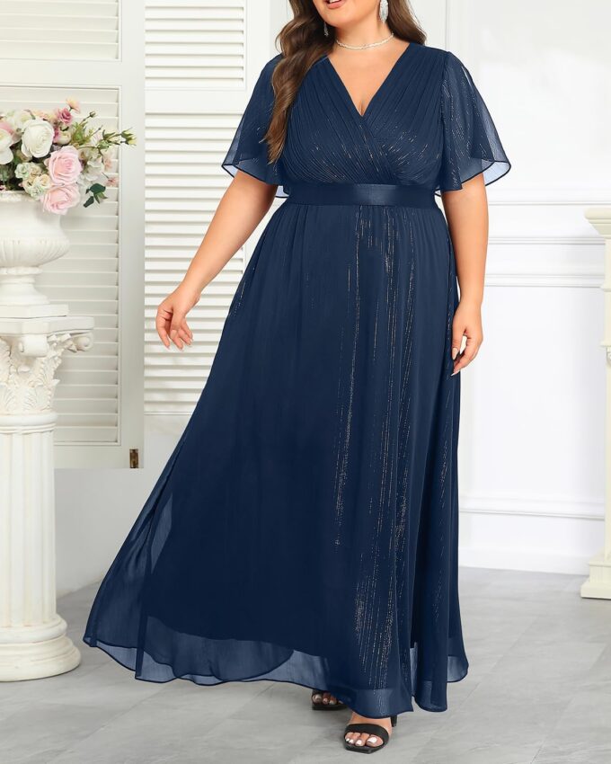 Plus Size Formal Dress - Chiffon V Neck Bridesmaid Wedding Guest Party Short Sleeve A-Line Floor Length Dresses – Bild 2