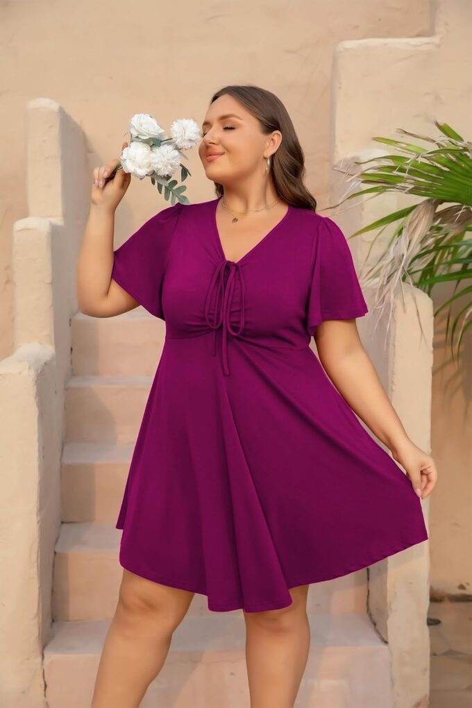 Women's Plus Size Dresses Casual Flowy Dress with Pocket Short Ruffle Sleeve V Neck Drawstring Bow Summer – Bild 2